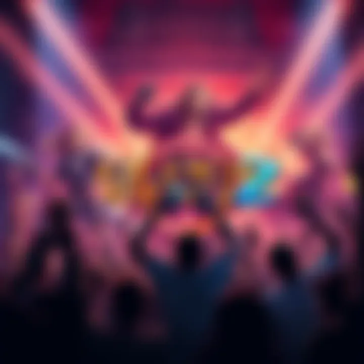 A vibrant graphic showcasing the Elden Ring 2 logo with characters from the game in an action pose, surrounded by enthusiastic fans celebrating the news.