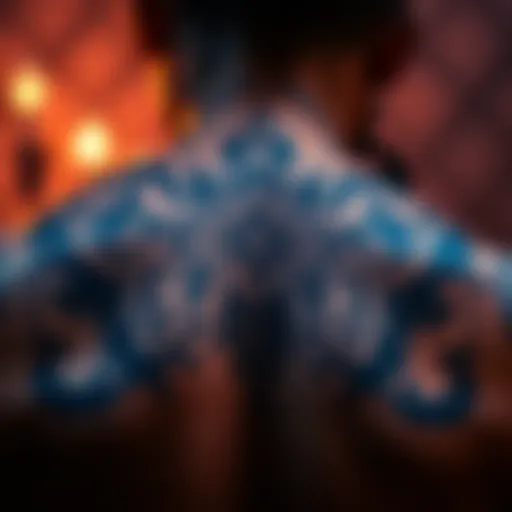 A close-up of a detailed Elden Ring tattoo on a person's back, showcasing intricate designs inspired by the game.