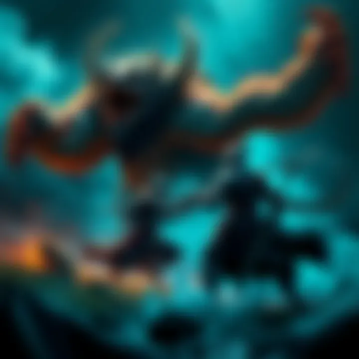 A warrior in armor battles a large creature in a dark and mystical landscape, representing strength and conflict in Elden Ring.