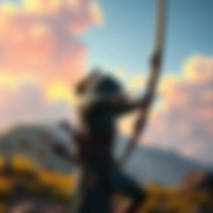 A character in Elden Ring aiming a bow with a dagger at their side, set in a fantasy landscape.