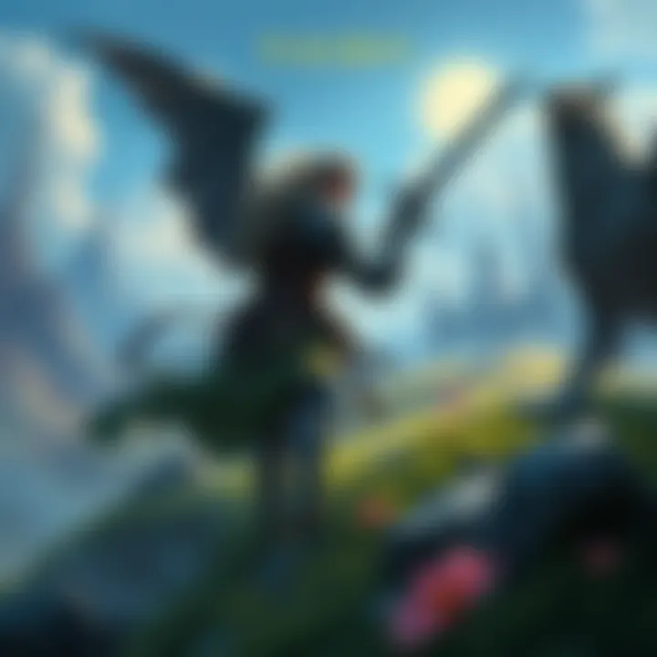 A character in armor exploring a fantasy landscape with weapons drawn, surrounded by mystical creatures and landscapes.