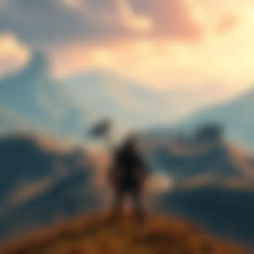 A character from Elden Ring stands in a vast open world with mountains and ruins in the background, ready for adventure.