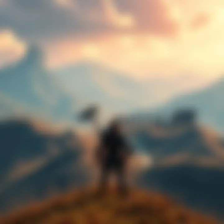 Elden Ring Character in Epic Landscape A character from Elden Ring stands in a vast open world with mountains and ruins in the background, ready for adventure.