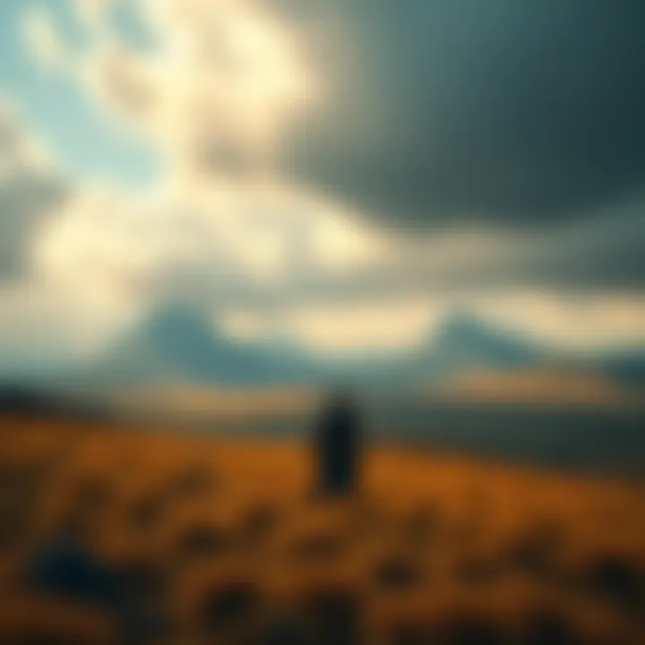 A character from Elden Ring standing in an open field, looking at distant mountains under a cloudy sky.
