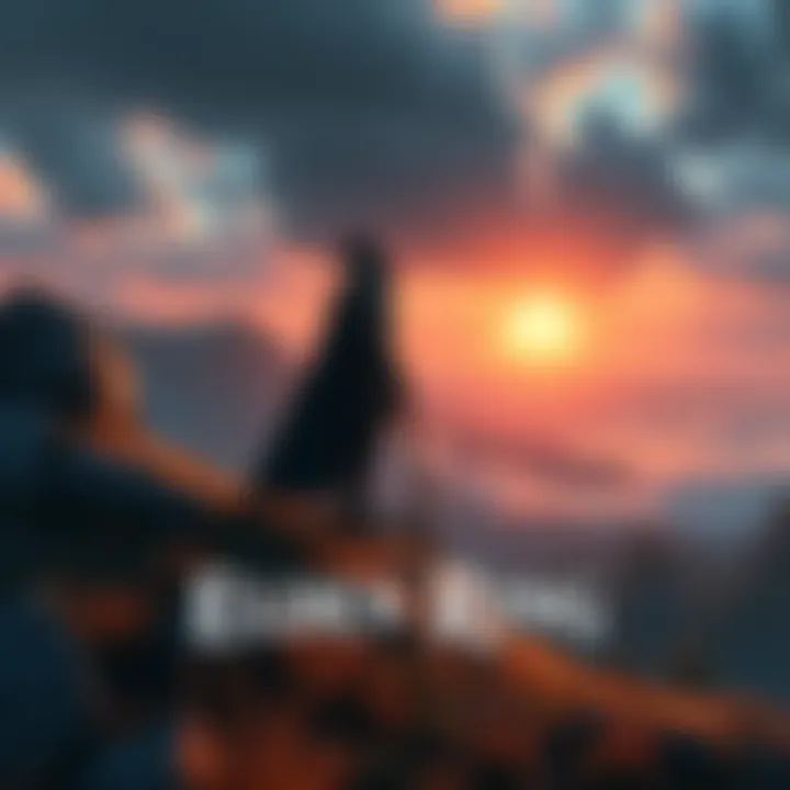 Artwork depicting a knight in armor standing on a hill overlooking a fantasy landscape, showcasing elements from Elden Ring.