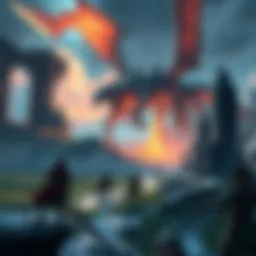 A fantasy landscape featuring an epic battle scene with new bosses and characters from Elden Ring.