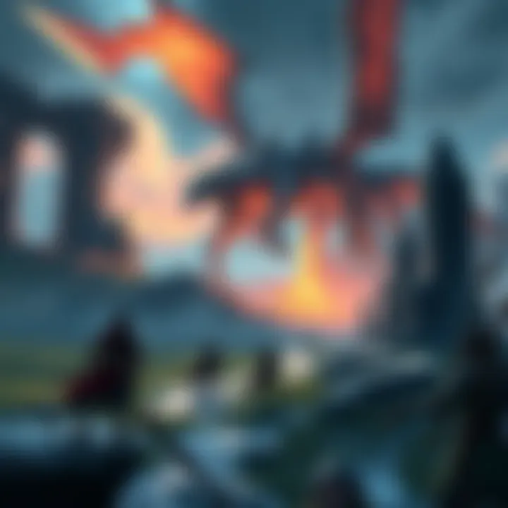 A fantasy landscape featuring an epic battle scene with new bosses and characters from Elden Ring.