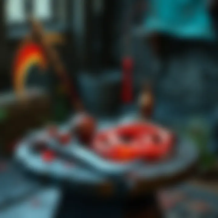 Elden Ring Essential Gear A collection of essential equipment in Elden Ring including the Winged Scythe, Wraith Calling Bell, and Crimsonwhorl Bubble Tear displayed on a stone table