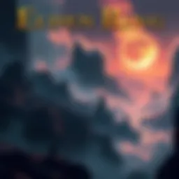 Concept art showcasing a fantasy landscape with dark mountains and mystical elements, reflecting the visual style of the Elden Ring universe.
