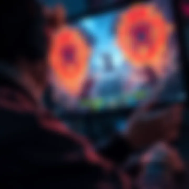 A gamer focused on a screen showing Elden Ring's gameplay, highlighting intense combat and strategy in a challenging environment.