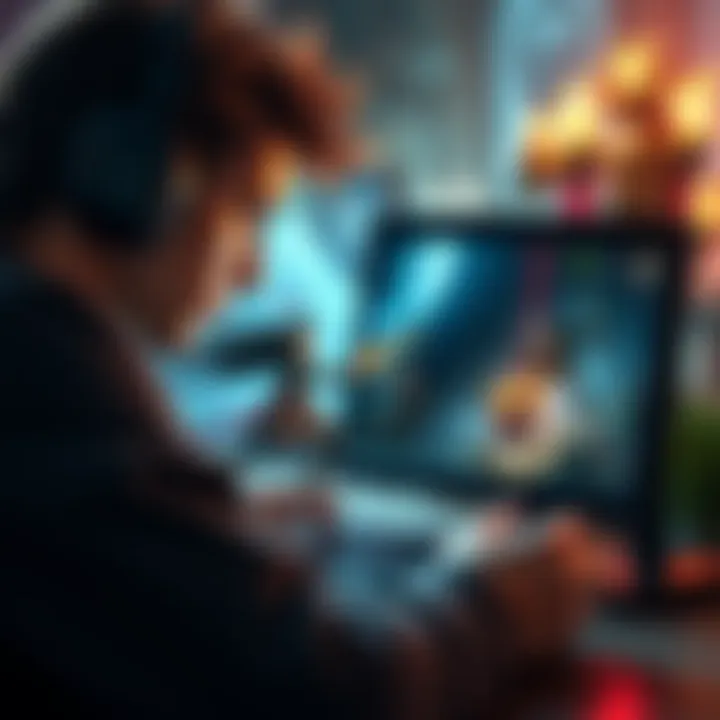 A gamer focused on the screen while playing Elden Ring, with a character fighting a challenging enemy in a fantasy setting.