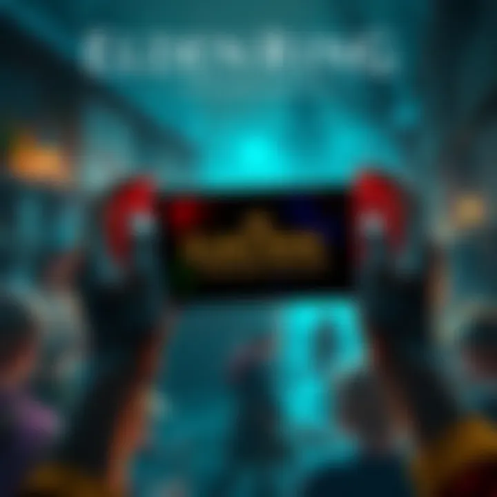 ELDEN RING Tarnished Edition Guide A player holding a Nintendo Switch 2, focused on the ELDEN RING Tarnished Edition, surrounded by in-game elements and characters.