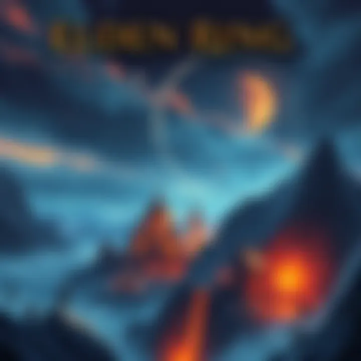 A depiction of the vast world of Elden Ring with landmarks and mysterious elements representing story and lore.