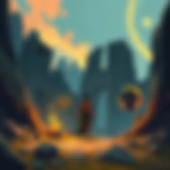 A scene depicting a caveman looking at ancient ruins with symbols from Elden Ring around him, showcasing the game's lore in a simple way