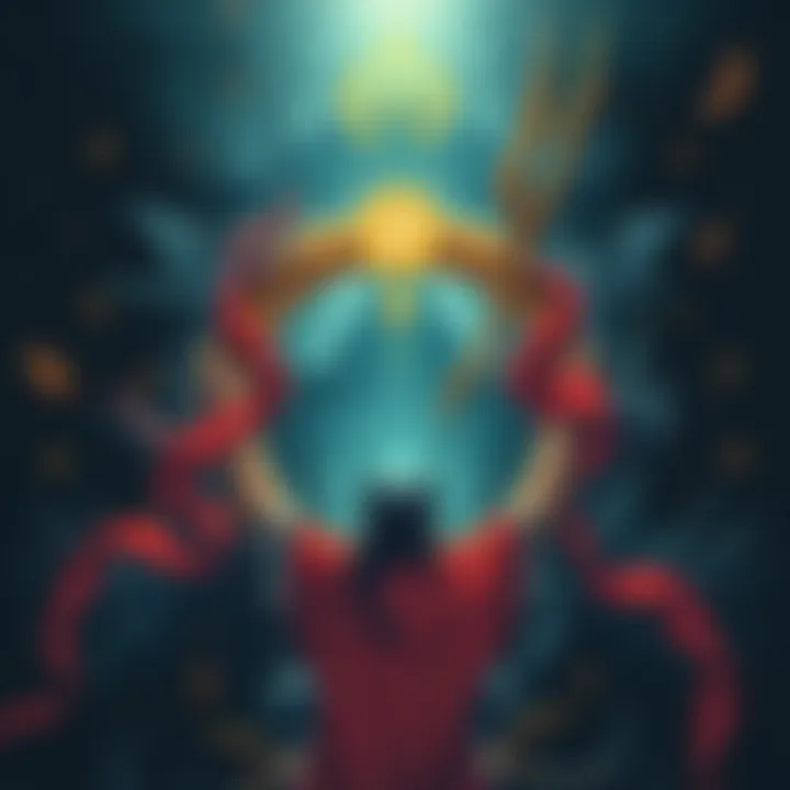 An artistic depiction of the Elden Ring surrounded by mystical symbols and characters representing its lore.