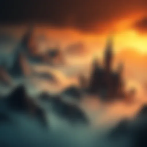 Concept art of a dark fantasy landscape inspired by Elden Ring, featuring towering castles and misty mountains.