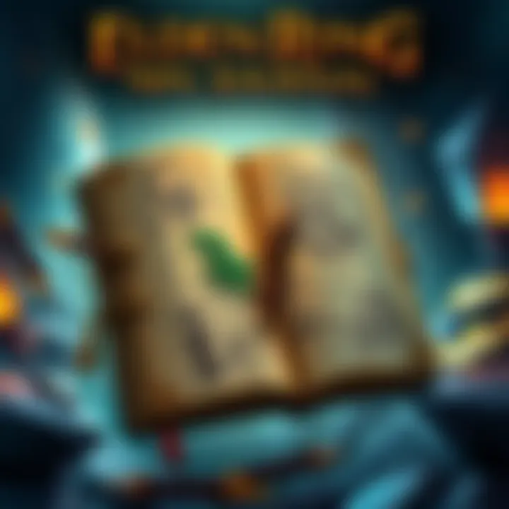 Concept art showing a journal with notes and sketches of various NPCs from Elden Ring, set against a fantasy background.