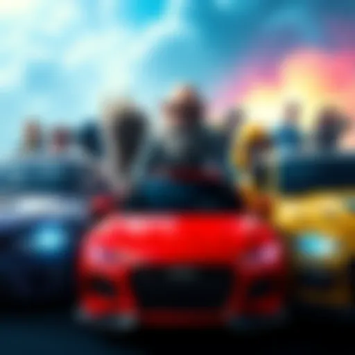 Elden Ring NPCs shown with various colorful cars, reflecting their unique personalities and styles in a racing theme.