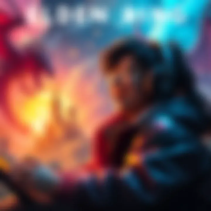 A gamer experiencing joy while playing Elden Ring, with a vibrant fantasy background featuring dragons and castles.