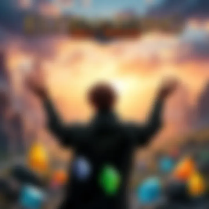 Elden Ring Player Requesting Help A gamer in front of a fantasy landscape, holding empty hands up in a pleading gesture, surrounded by glowing runes and smithing stones.