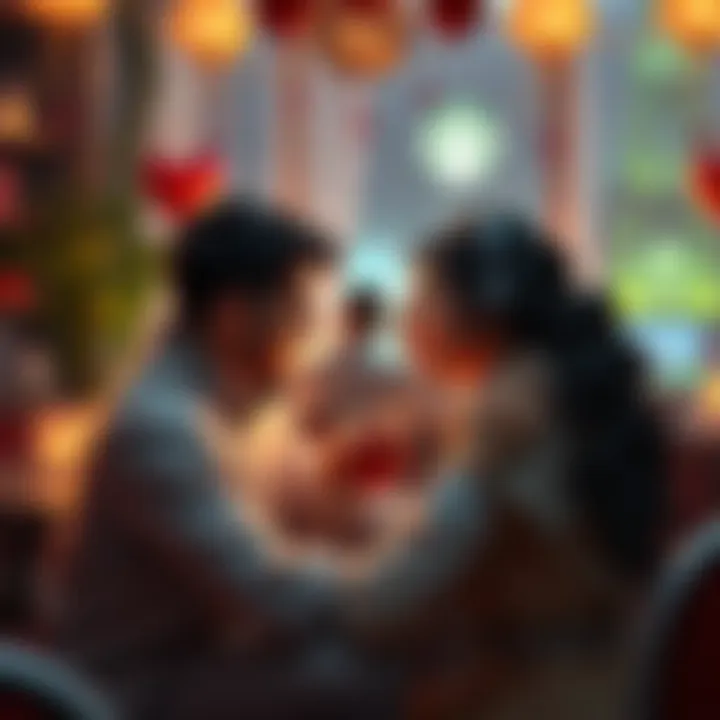 A couple enjoying a date themed around Elden Ring, surrounded by gaming elements and romantic decor, symbolizing the blend of gaming and love.