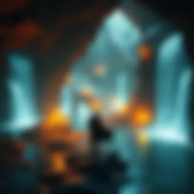A player character standing at the edge of a vast underground river in Elden Ring, with glowing waterfalls and ancient ruins surrounding them.