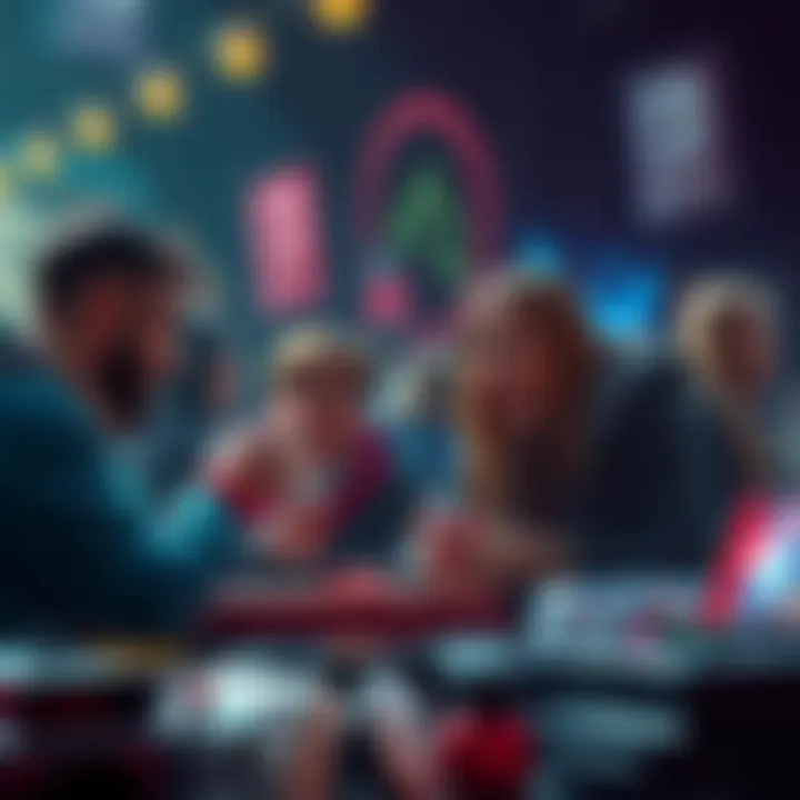 Fans excitedly discussing Elden Ring's potential release on Switch 2, surrounded by gaming merchandise