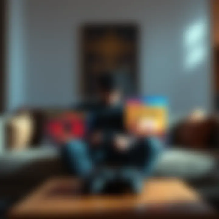 A gamer sits on a couch, contemplating a choice between two game covers for Elden Ring and Crimson Desert, with a console in front of them.