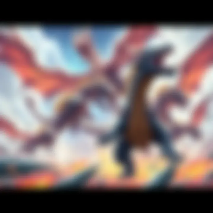 Elder Dragon Battle Scene A vibrant illustration of multiple elder dragons from Monster Hunter clashing in an epic battle, showcasing their unique designs and elemental powers.