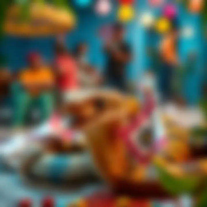 A playful elderly cobra resting safely in a colorful environment with people enjoying in the background