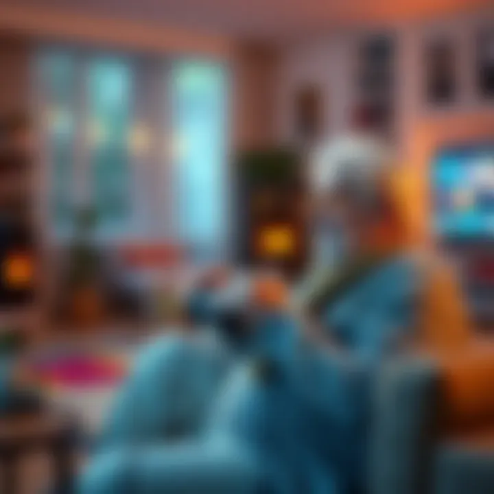 An older adult enjoying a video game with a controller, focused on the screen, surrounded by a cozy living room setup.
