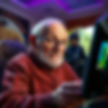 An 81-year-old man livestreaming Minecraft, looking surprised as police officers arrive at his home during a charity event.