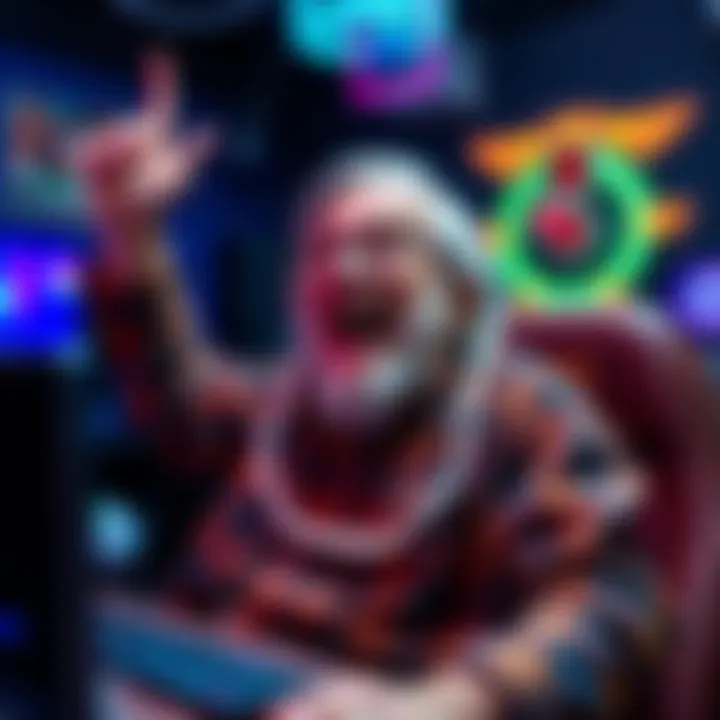 An elderly gamer joyfully celebrating after defeating Melania in Elden Ring, with gaming setup visible in the background.