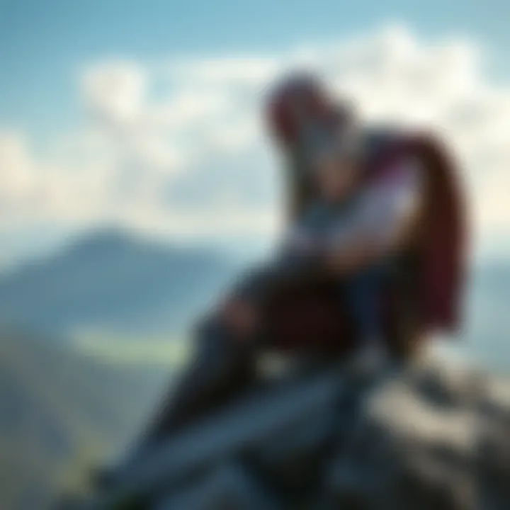 An elderly Kratos sitting on a rugged rock, looking thoughtfully at Atreus as they share a moment together, surrounded by a serene landscape