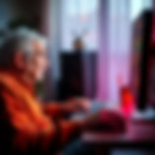 A 75-year-old man sits at a computer playing a strategic PC game, focused on the screen with a thoughtful expression.