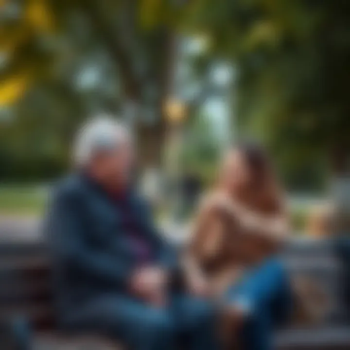 An elderly man named Billy sits on a park bench talking with a young person, both smiling and engaged in conversation, highlighting the importance of companionship across generations.