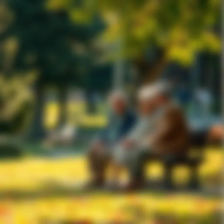 Elderly People Enjoying a Park Older adults sitting together in a park, engaging in conversation and sharing stories, emphasizing community connection.