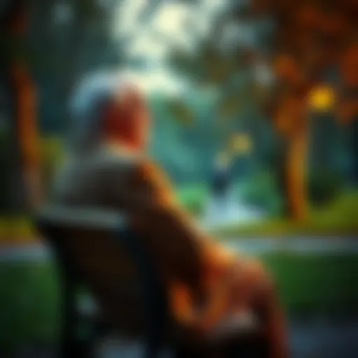 An elderly person sitting on a park bench, looking thoughtfully at the surroundings, symbolizing reflection and the wisdom that comes with age.