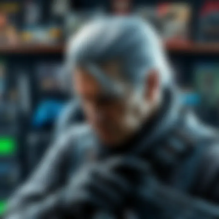 An aged version of Snake with gray hair and scars, reflecting on his past battles while surrounded by gaming memorabilia.