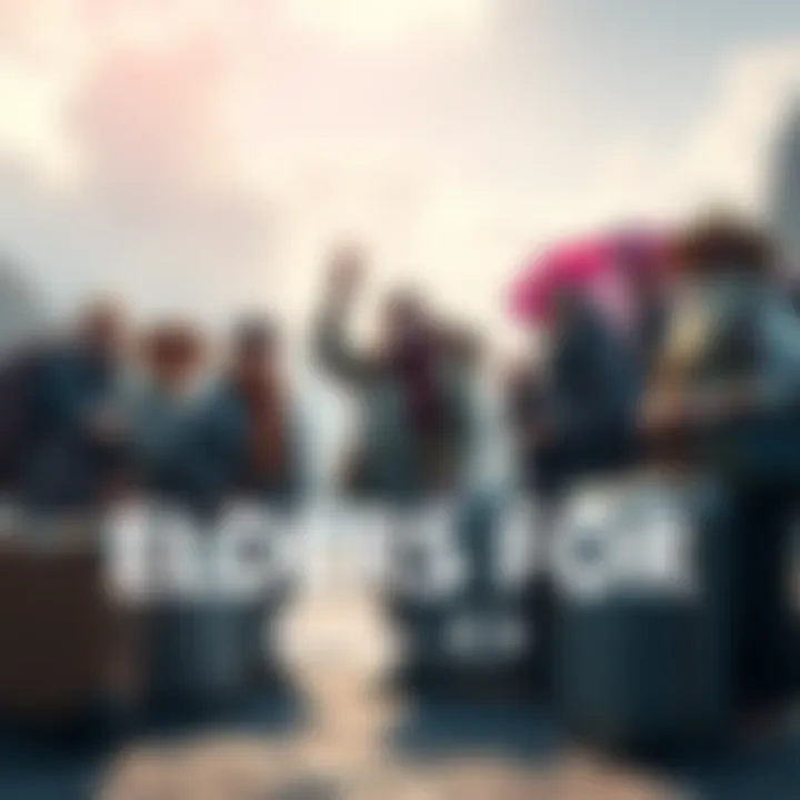 A group of elders stands together, excited and ready for a journey to the sky island, with luggage and smiles on their faces.