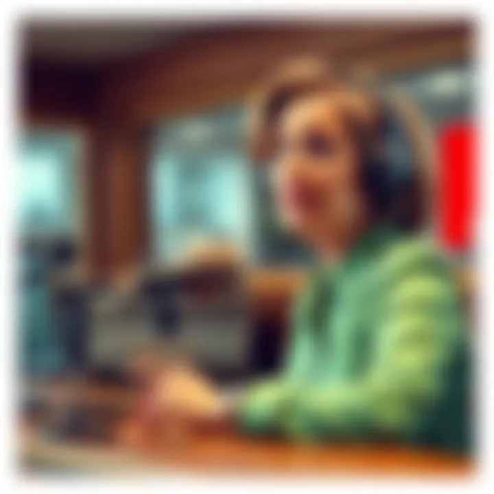 Eleanor at a radio station, speaking into a microphone, with a thoughtful expression.
