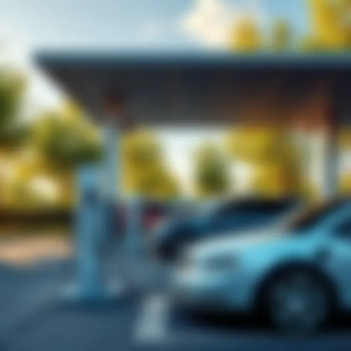 A modern electric vehicle charging station with cars plugged in, surrounded by green trees and a clear sky, showing the growth of electric vehicle adoption in 2026.