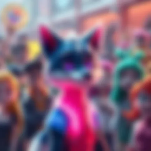 A colorful electric wolf with glowing fur standing out in a crowd of animated characters, looking surprised and curious.