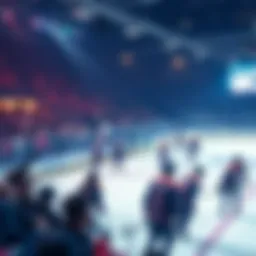 A lively electro swing performance during a teen hockey game, with dancers entertaining fans in the stands and players on the ice looking surprised.