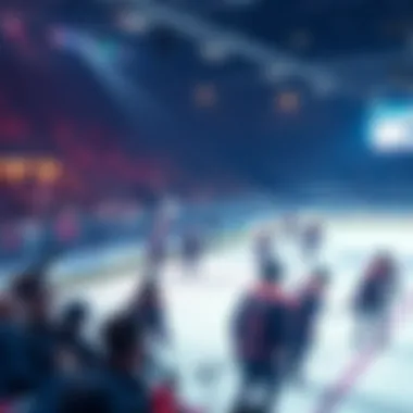 A lively electro swing performance during a teen hockey game, with dancers entertaining fans in the stands and players on the ice looking surprised.