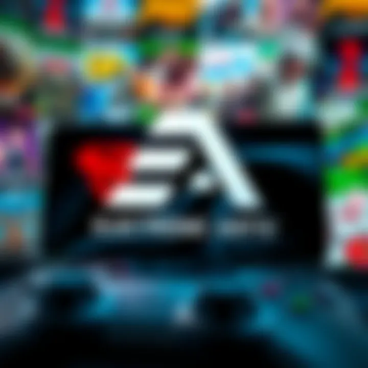 Electronic Arts logo displayed on a gaming console with a blurred background of video games