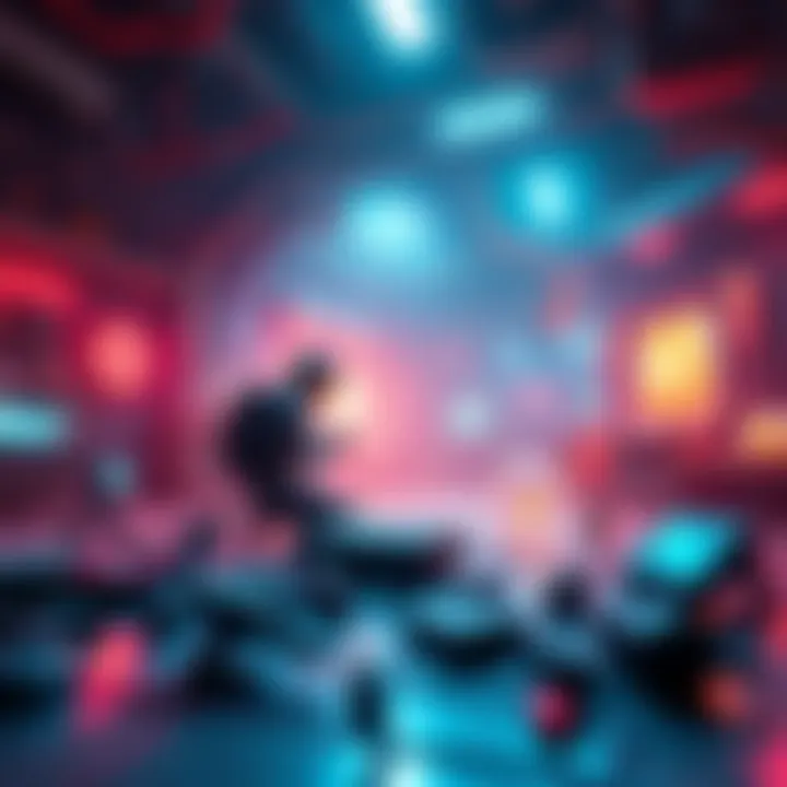 A player collecting electronics in a futuristic setting with various tech items scattered around.