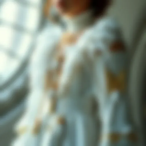 A character dressed in layered white garments with dove feather trims and charms, illustrating the Elegiast's design from Dressing the Hours.