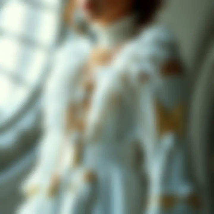 Elegiast Character Design A character dressed in layered white garments with dove feather trims and charms, illustrating the Elegiast's design from Dressing the Hours.