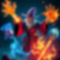 Element Spells in Action A wizard casting t3 element spells, surrounded by colorful magical elements representing fire, water, earth, and air, symbolizing strategy and transition.